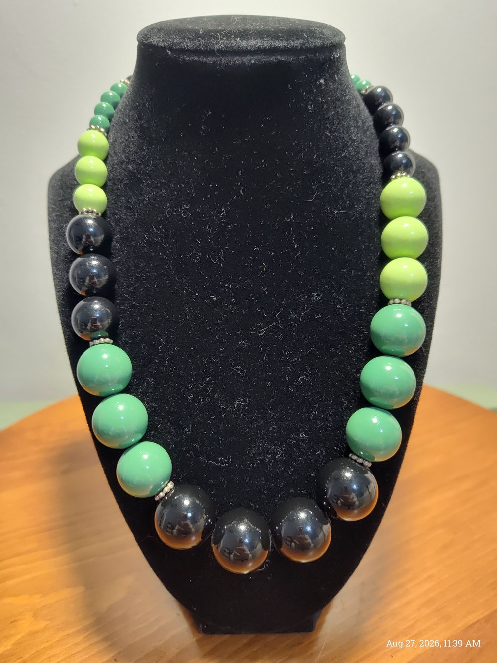 Beaded Green & Black Necklace Claw Clasp